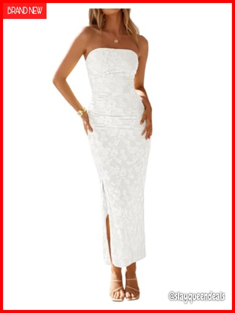 Strapless Floral Mesh Bodycon Maxi Dress with Slit Ruched Formal
